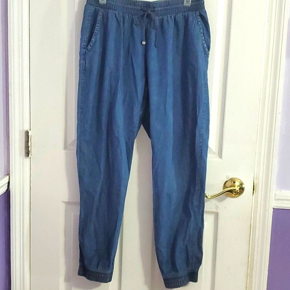 Boho Trendy Lightweight Chambray High Rise Flowy Pull On Jogger Pants L